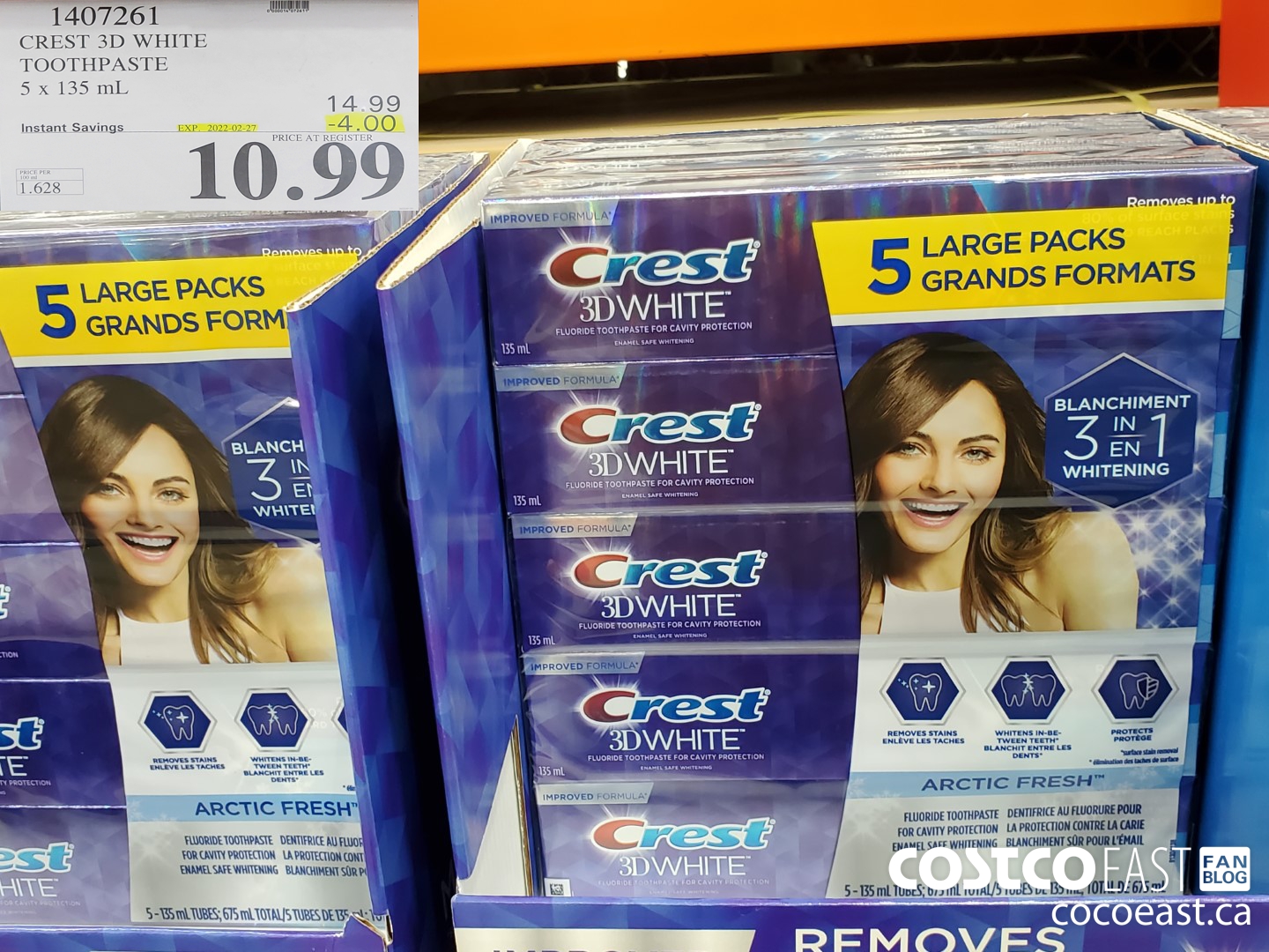 1407261 CREST 3D WHITE TOOTHPASTE 5 X 135 ML ($4.00 INSTANT SAVINGS EXPIRES ON 2022-02-27) $10.99