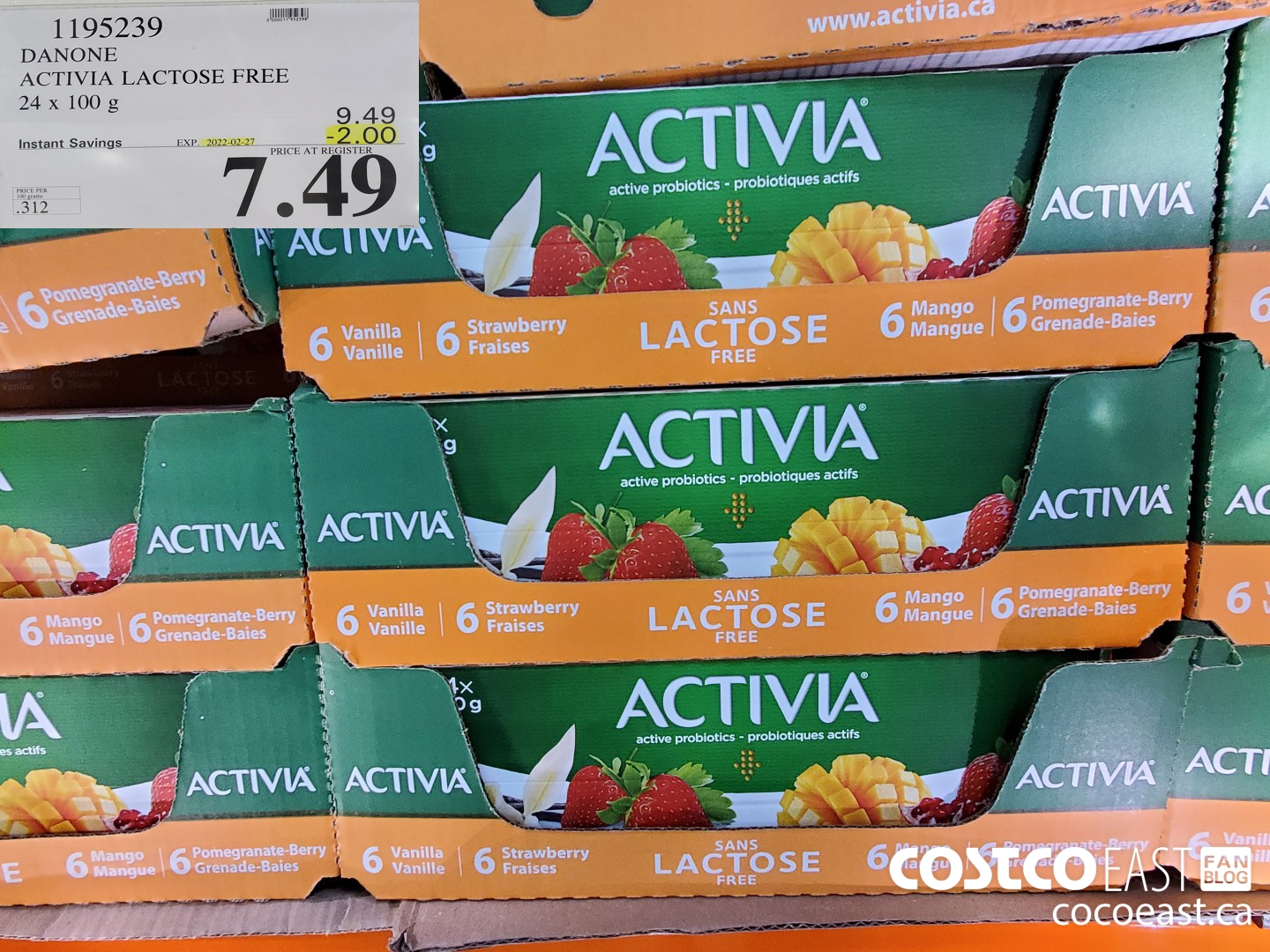 1195239 DANONE ACTIVIA LACTOSE FREE 24 x 100 g ($2.00 INSTANT SAVINGS EXPIRES ON 2022-02-27) $7.49