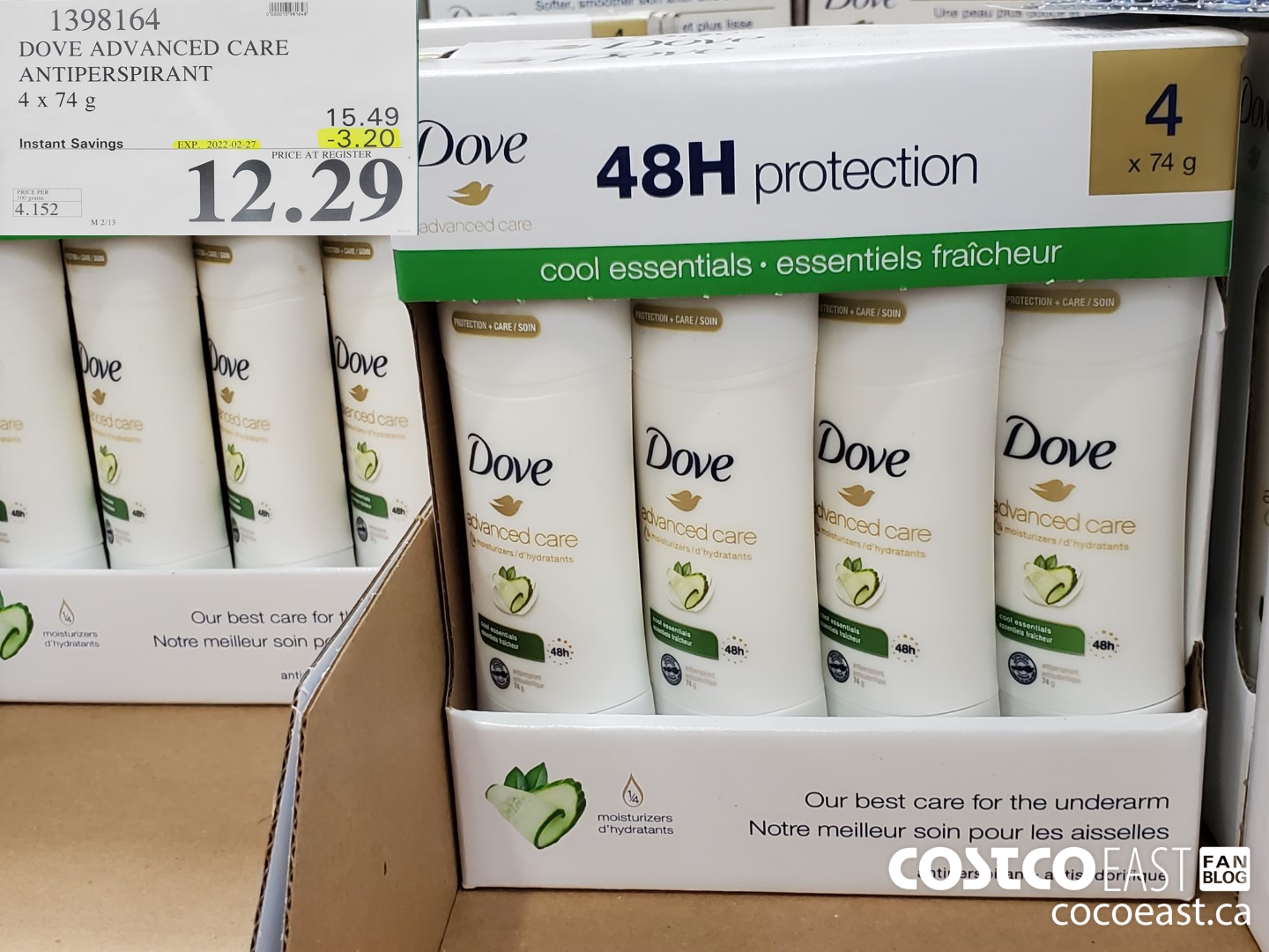 1398164 DOVE ADVANCED CARE ANTIPERSPIRANT 4x74G ($3.20 INSTANT SAVINGS EXPIRES ON 2022-02-27) $12.29