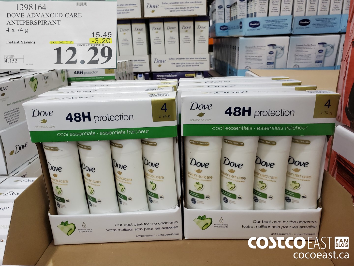 1398164 DOVE ADVANCED CARE ANTIPERSPIRANT 4x74G ($3.20 INSTANT SAVINGS EXPIRES ON 2022-02-27) $12.29