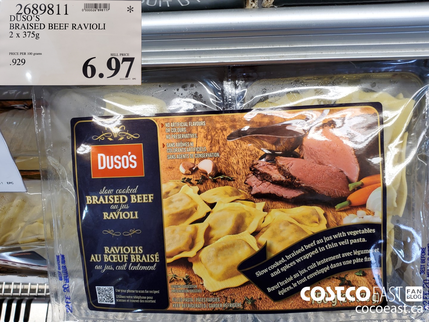 2689811 DUSO'S BRAISED BEEF RAVIOLI 2 X 375 G $6.97