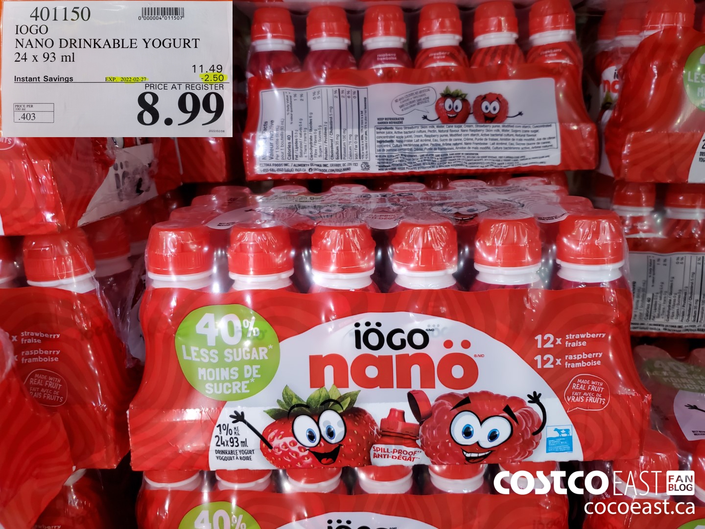 401150 IOGO NANO DRINKABLE YOGURT 24 x 93 ml ($2.50 INSTANT SAVINGS EXPIRES ON 2022-02-27) $8.99