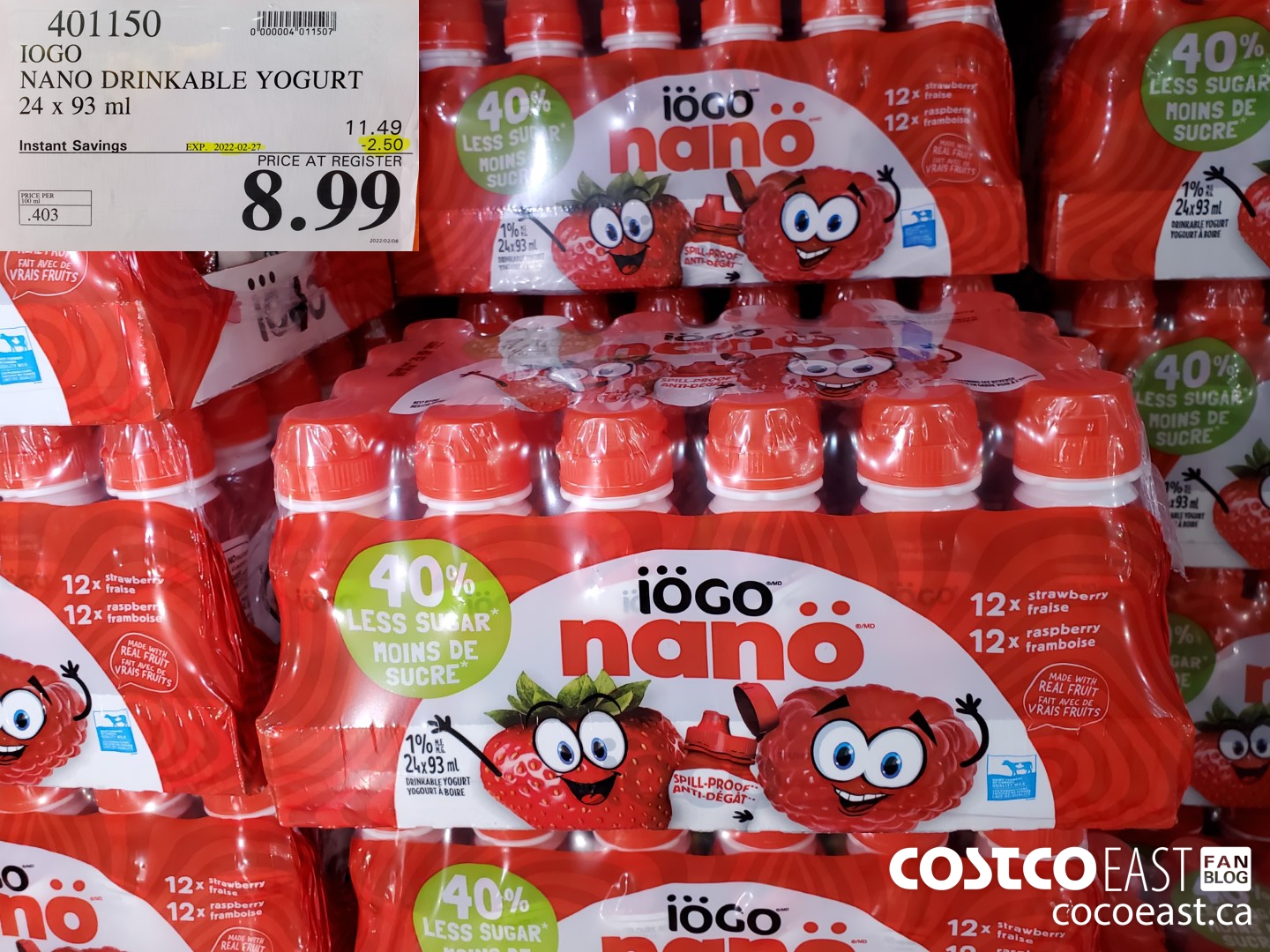 401150 IOGO NANO DRINKABLE YOGURT 24 x 93 ml ($2.50 INSTANT SAVINGS EXPIRES ON 2022-02-27) $8.99