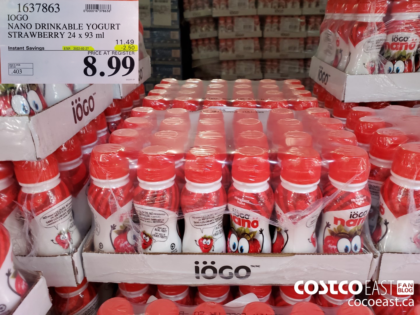 1637863 IOGO NANO DRINKABLE YOGURT STRAWBERRY 24 x 93 ml ($2.50 INSTANT SAVINGS EXPIRES ON 2022-02-27) $8.99