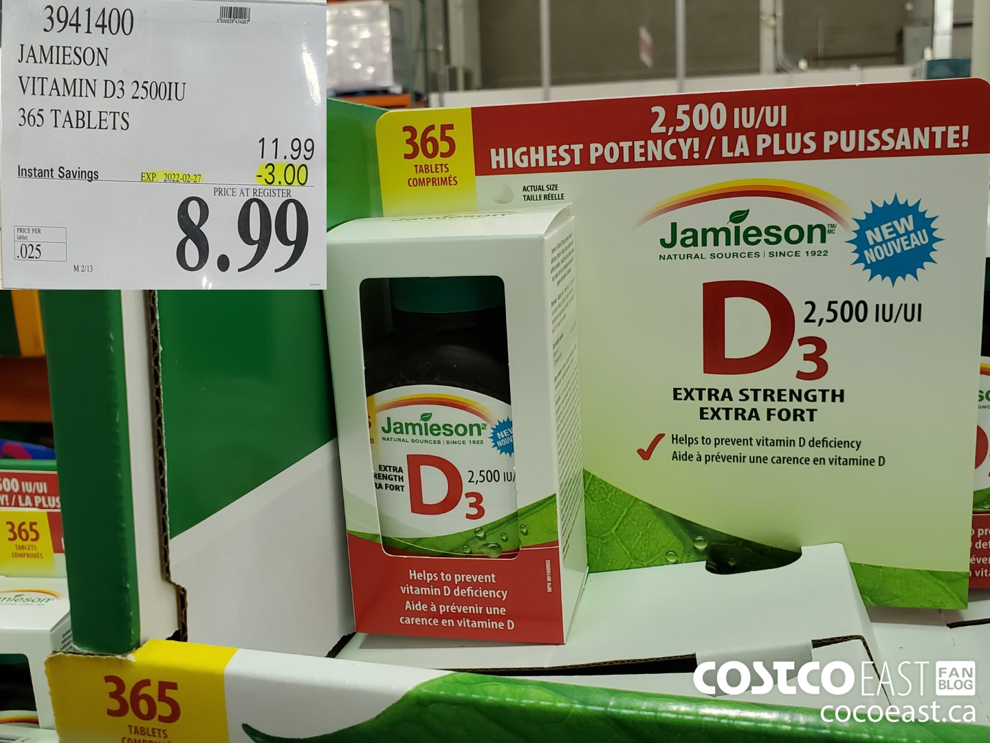 3941400 JAMIESON VITAMIN D3 25001U 365 TABLETS ($3.00 INSTANT SAVINGS EXPIRES ON 2022-02-27) $8.99