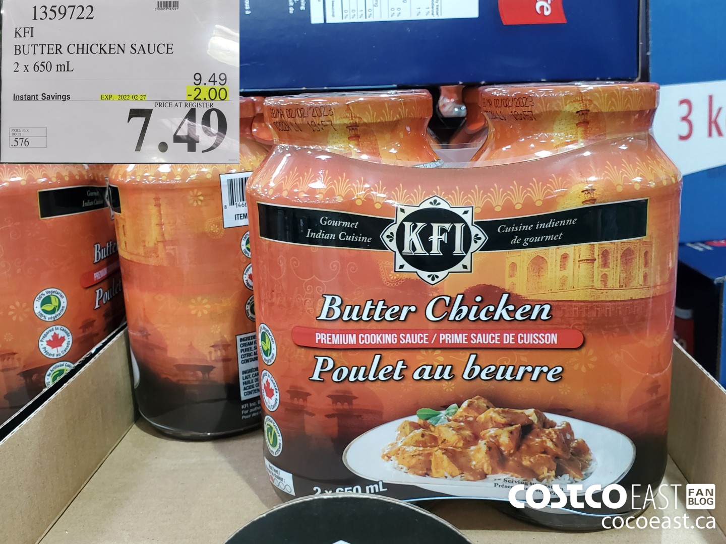 1359722 KFI BUTTER CHICKEN SAUCE 2 x 650 mL ($2.00 INSTANT SAVINGS EXPIRES ON 2022-02-27) $7.49