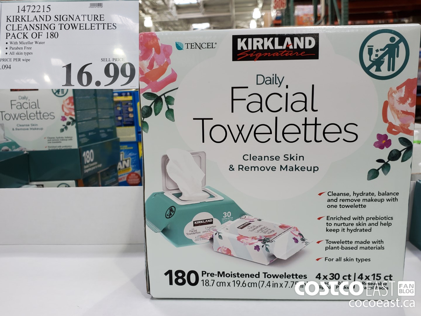 1472215 KIRKLAND SIGNATURE CLEANSING TOWELETTES PACK OF 180 $16.99