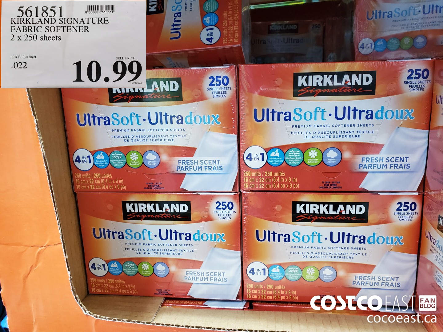 561851 KIRKLAND SIGNATURE FABRIC SOFTENER 2 x 250 sheets $10.99