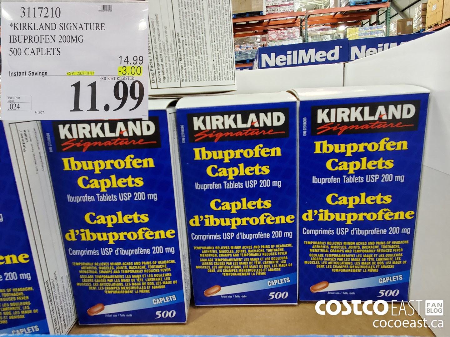 3117210 KIRKLAND SIGNATURE IBUPROFEN 200MG 500 CAPLETS ($3.00 INSTANT SAVINGS EXPIRES ON 2022-02-27) $11.99