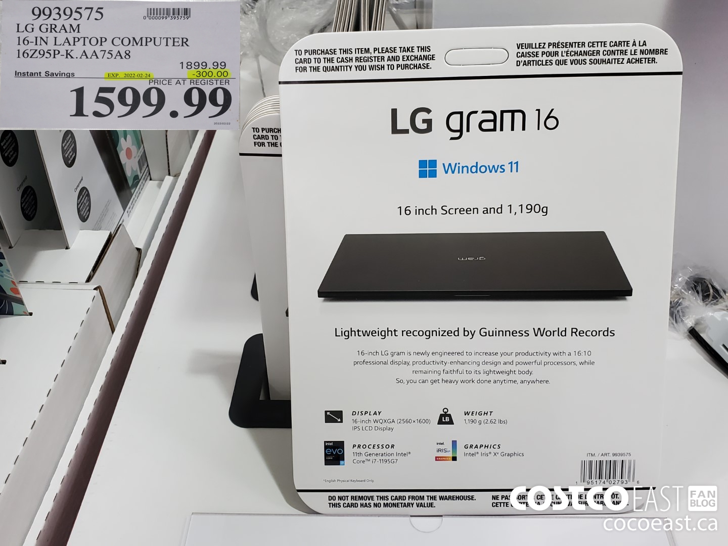 9939575 LG GRAM 16-IN LAPTOP COMPUTER 16Z95P-K.AA75A8 ($300.00 INSTANT SAVINGS EXPIRES ON 2022-02-24) $1599.99