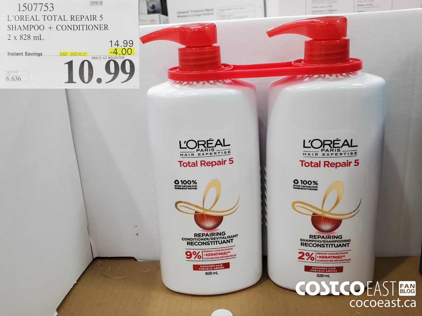 1507753 L'OREAL TOTAL REPAIR 5 SHAMPOO + CONDITIONER 2 X 828ML ($4.00 INSTANT SAVINGS EXPIRES ON 2022-02-27) $10.99