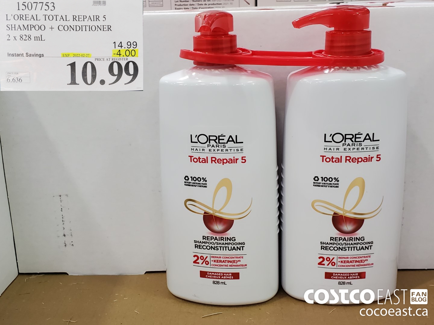 1507753 L'OREAL TOTAL REPAIR 5 SHAMPOO + CONDITIONER 2 X 828ML ($4.00 INSTANT SAVINGS EXPIRES ON 2022-02-27) $10.99