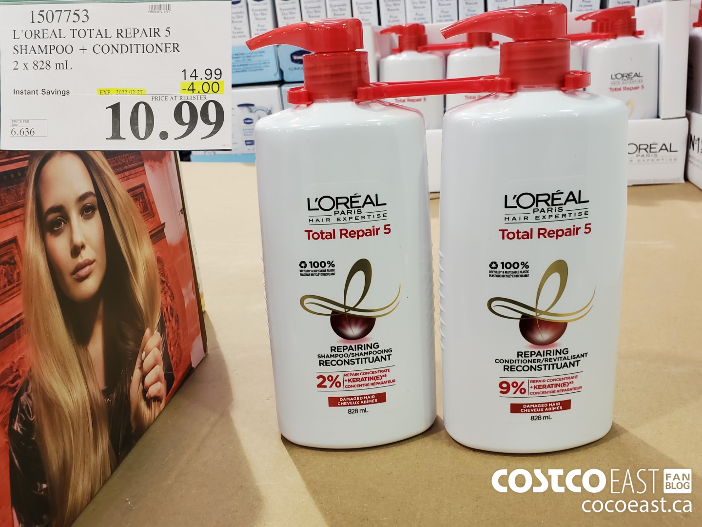1507753 L'OREAL TOTAL REPAIR 5 SHAMPOO + CONDITIONER 2 X 828ML ($4.00 INSTANT SAVINGS EXPIRES ON 2022-02-27) $10.99