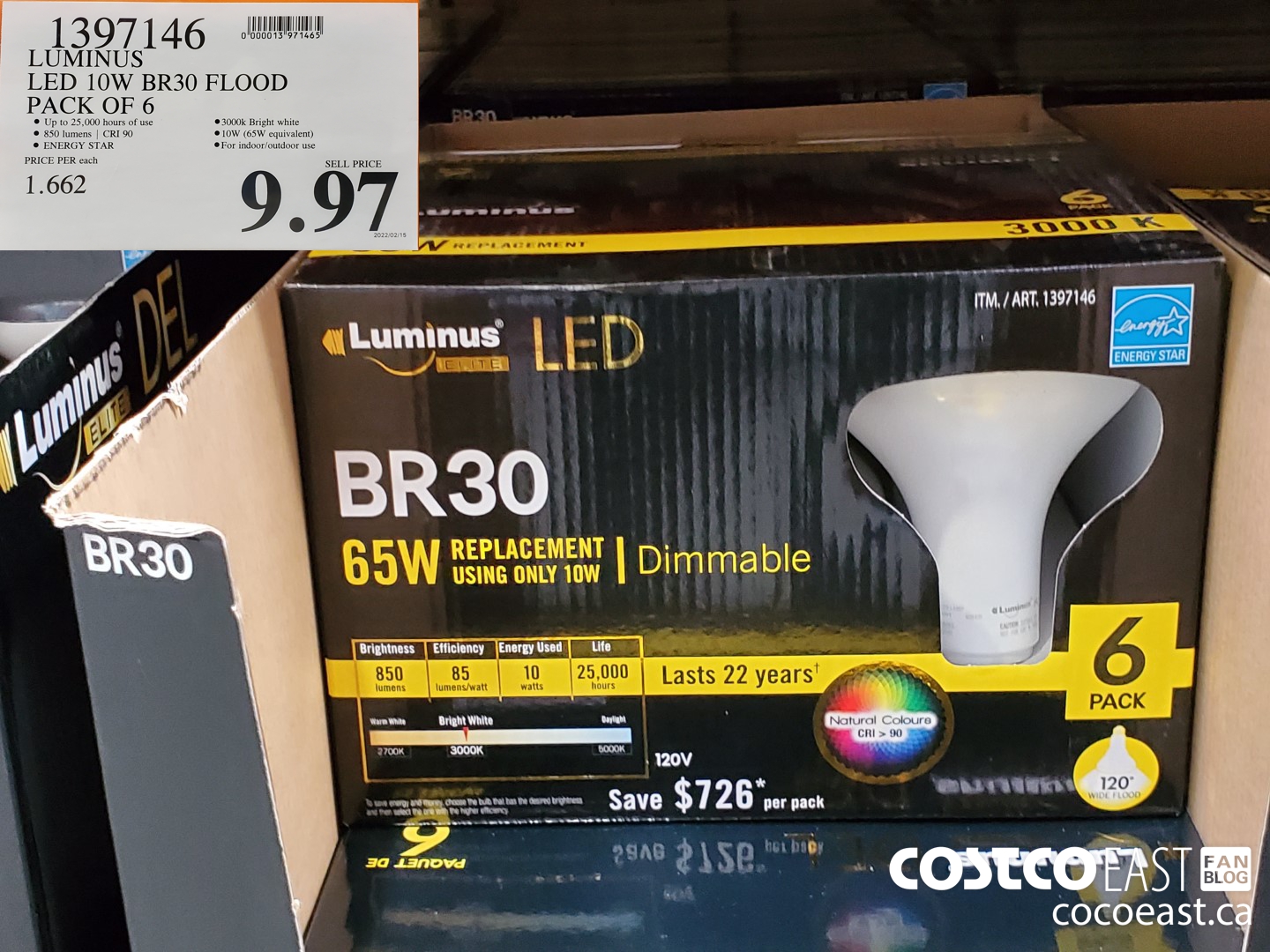 1397146 LUMINUS LED 10W BR30 FLOOD PACK OF 6 $9.97