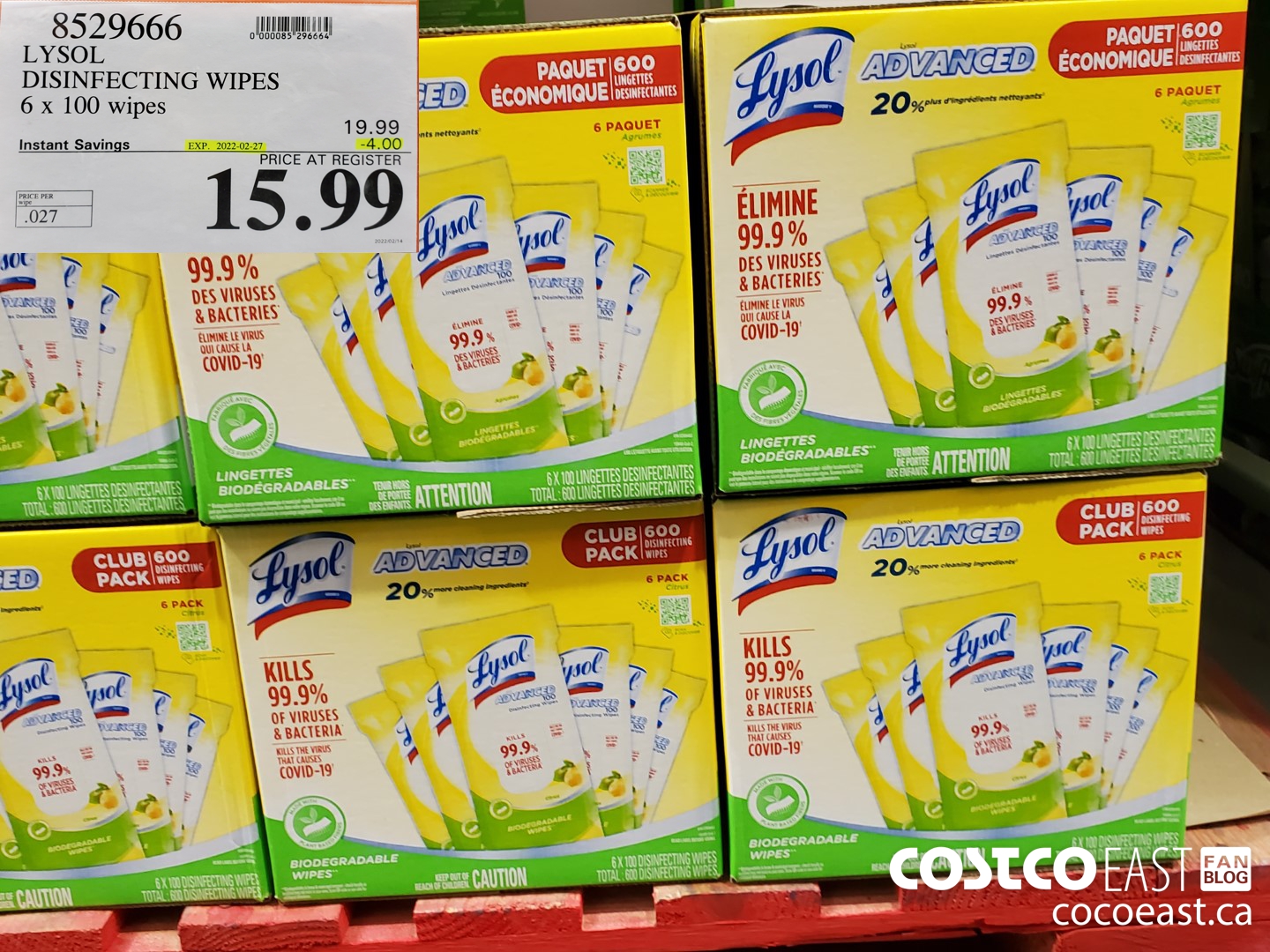 8529666 LYSOL DISINFECTING WIPES 6 x 100 wipes ($4.00 INSTANT SAVINGS EXPIRES ON 2022-02-27) $15.99