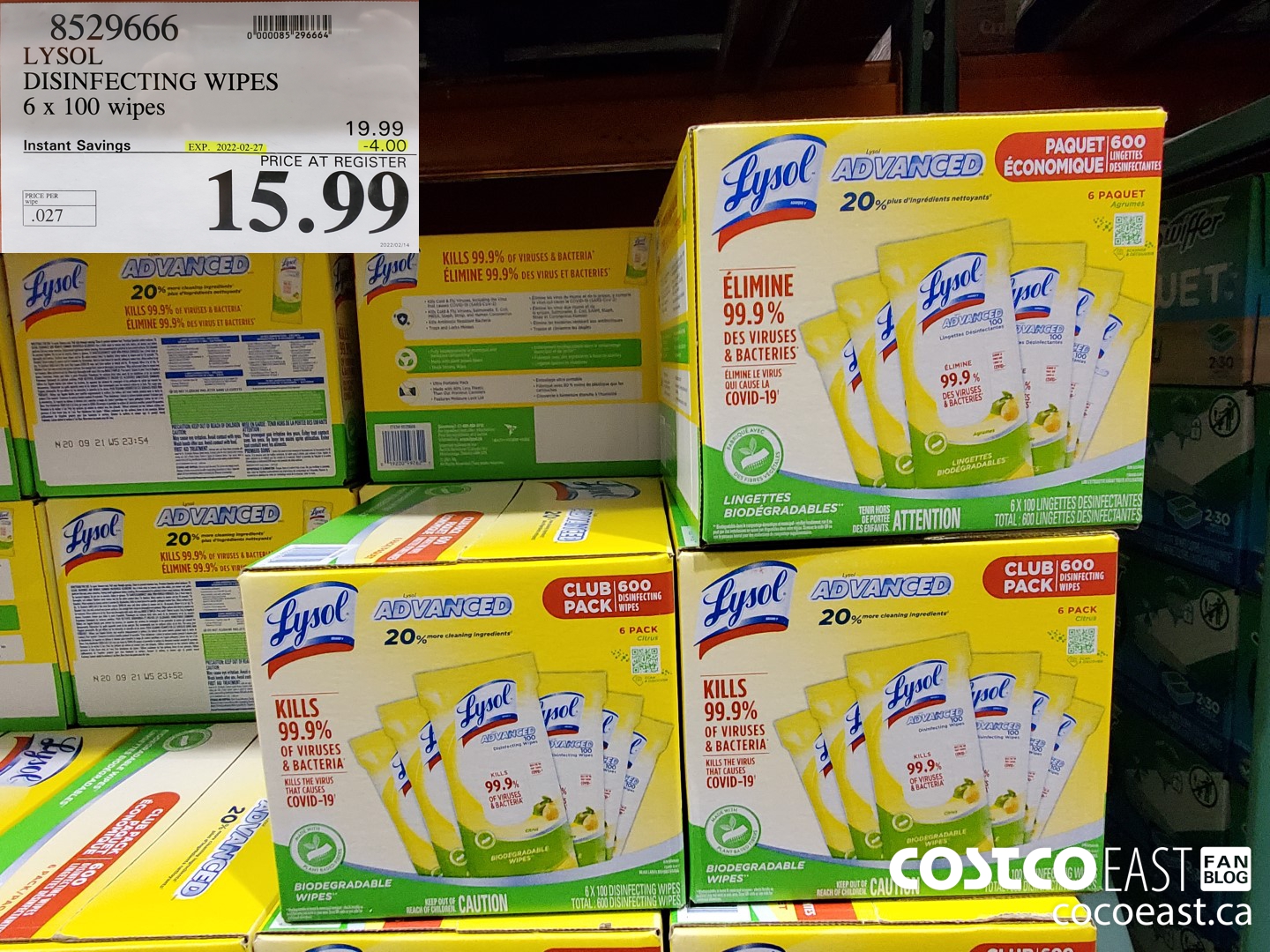 8529666 LYSOL DISINFECTING WIPES 6 x 100 wipes ($4.00 INSTANT SAVINGS EXPIRES ON 2022-02-27) $15.99