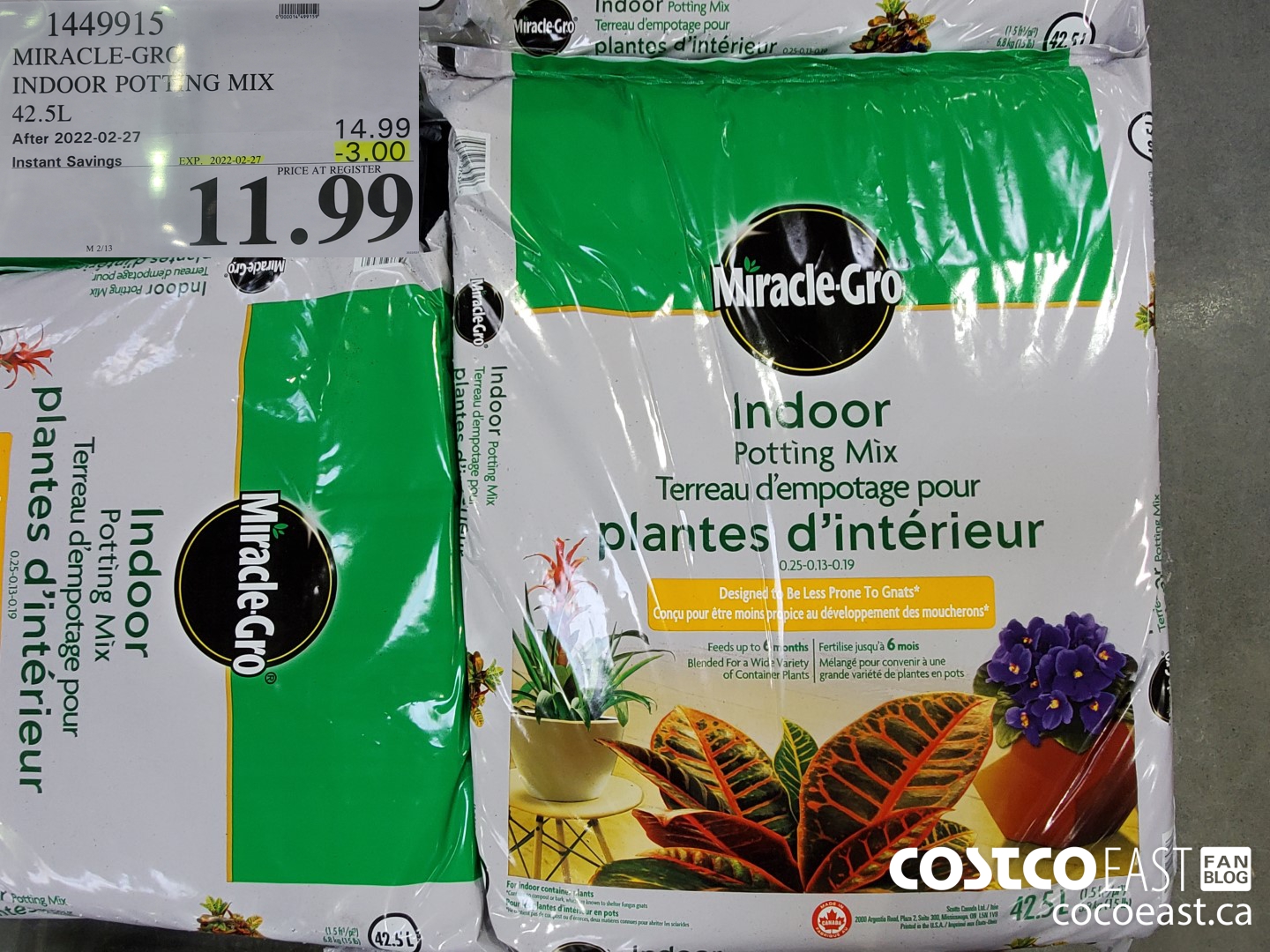 1449915 MIRACLE-GRO INDOOR POTTING MIX 42.5 L ($3.00 INSTANT SAVINGS EXPIRES ON 2022-02-27) $11.99