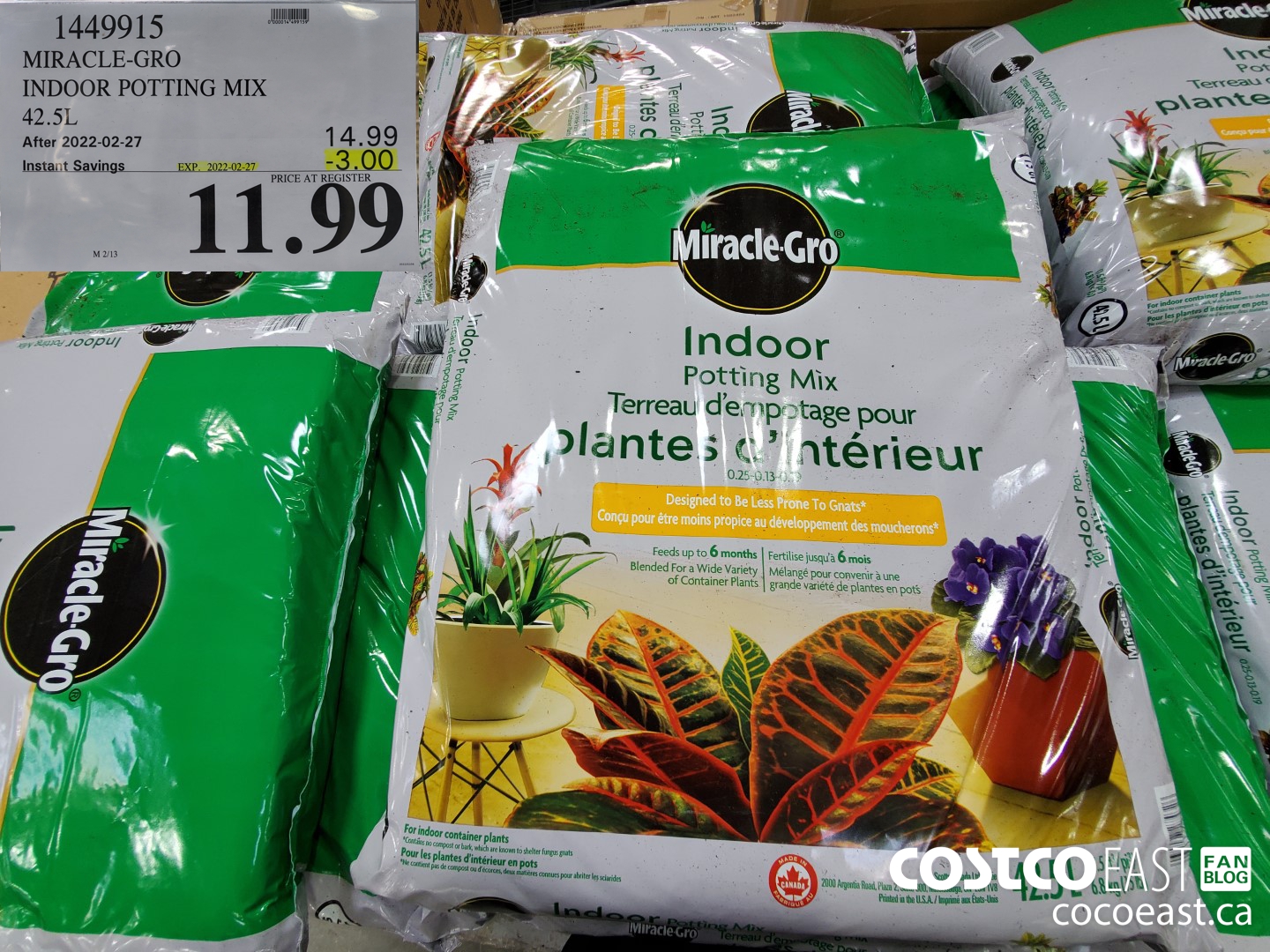 1449915 MIRACLE-GRO INDOOR POTTING MIX 42.5 L ($3.00 INSTANT SAVINGS EXPIRES ON 2022-02-27) $11.99