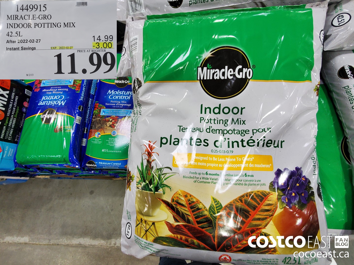 1449915 MIRACLE-GRO INDOOR POTTING MIX 42.5 L ($3.00 INSTANT SAVINGS EXPIRES ON 2022-02-27) $11.99