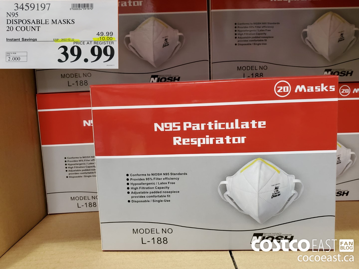 3459197 N95 DISPOSABLE MASKS 20 COUNT ($10.00 INSTANT SAVINGS EXPIRES ON 2022-02-22) $39.99