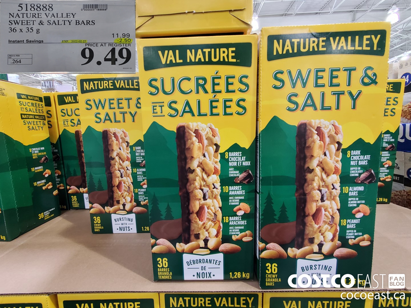 518888 NATURE VALLEY SWEET & SALTY BARS 36 X 35 G ($2.50 INSTANT SAVINGS EXPIRES ON 2022-02-27) $9.49