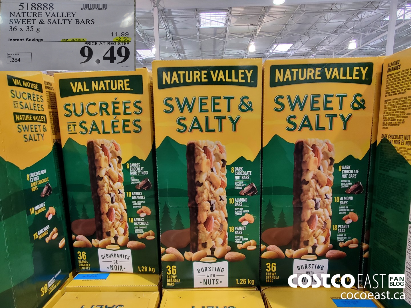 518888 NATURE VALLEY SWEET & SALTY BARS 36 X 35 G ($2.50 INSTANT SAVINGS EXPIRES ON 2022-02-27) $9.49