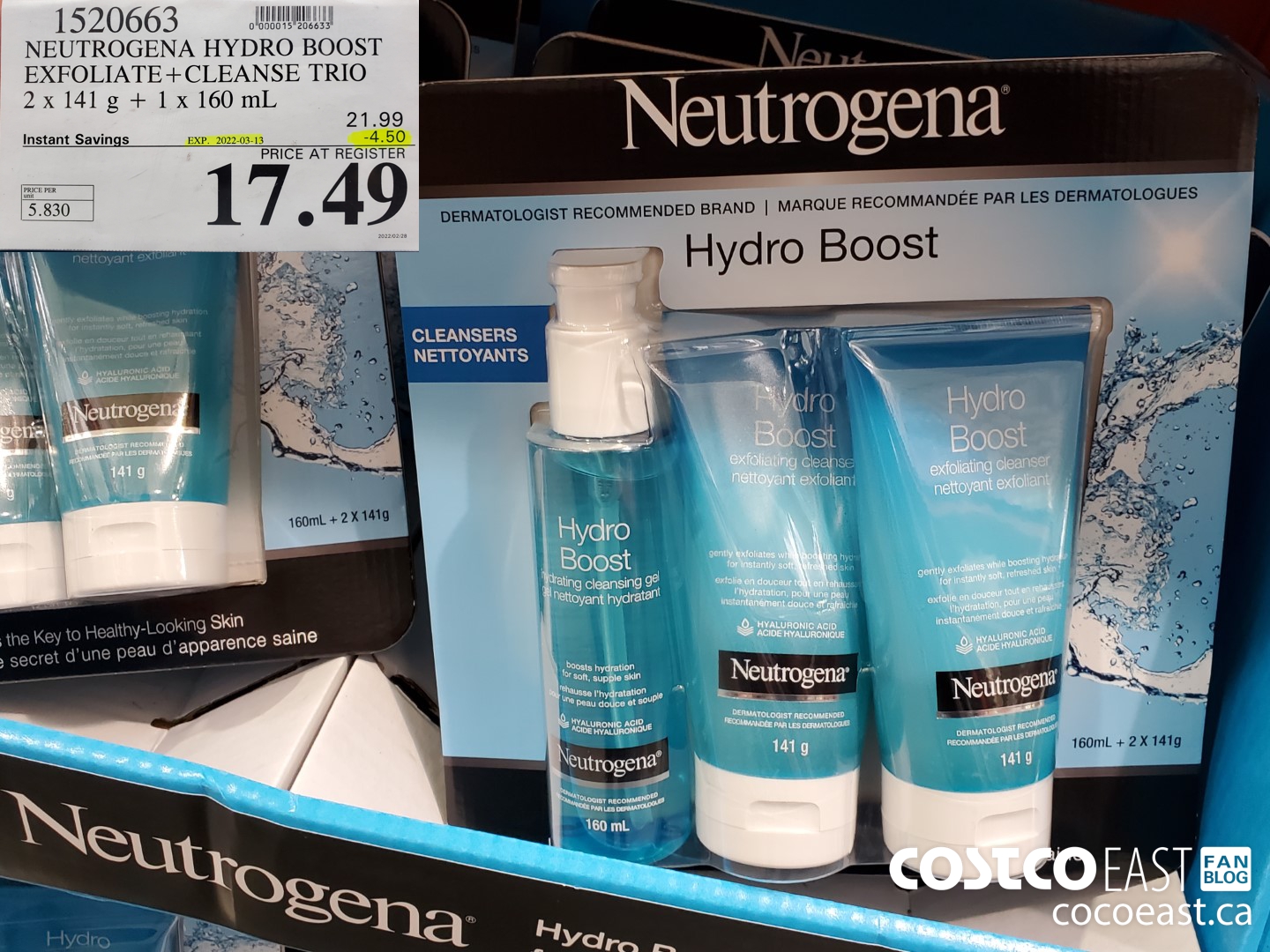 1520663 NEUTROGENA HYDRO BOOST EXFOLIATE+CLEANSE TRIO 2% 141.9 +1 X 160 mL ($4.50 INSTANT SAVINGS EXPIRES ON 2022-03-13) $17.49