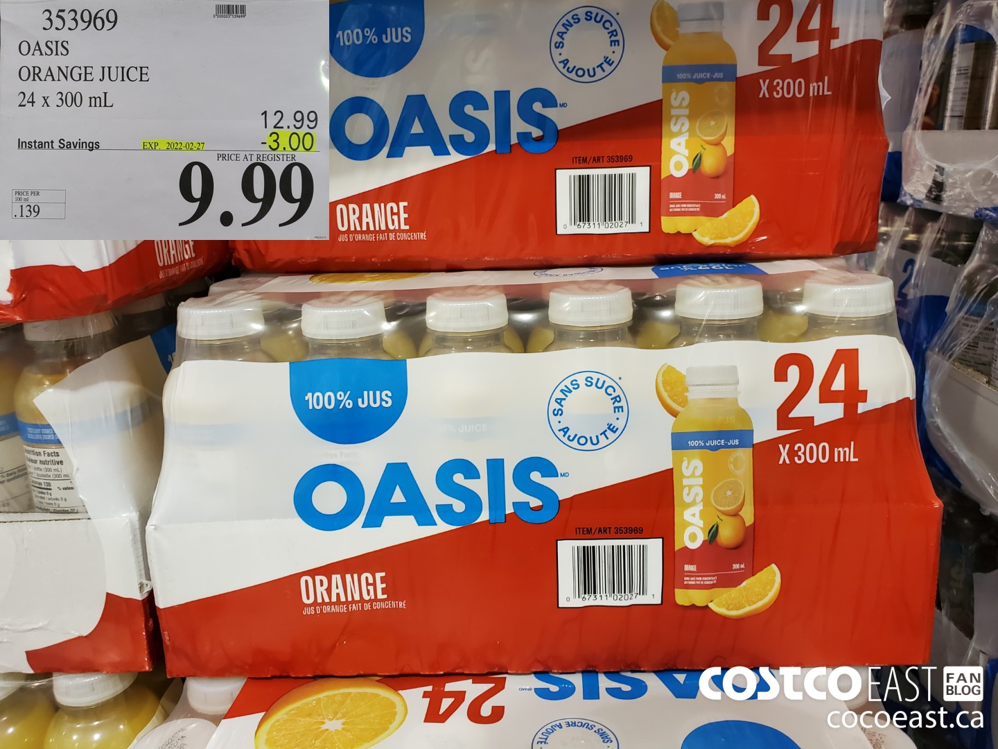 353969 OASIS ORANGE JUICE 24 X 300 ML ($3.00 INSTANT SAVINGS EXPIRES ON 2022-02-27) $9.99