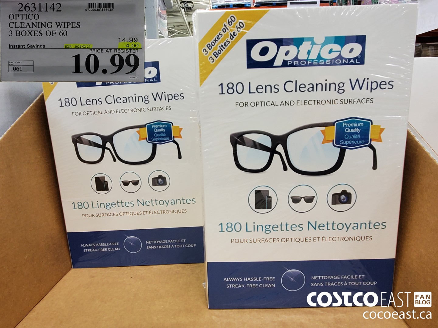2631142 OPTICO CLEANING WIPES 3 BOXES OF 60 ($4.00 INSTANT SAVINGS EXPIRES ON 2022-02-27) $10.99