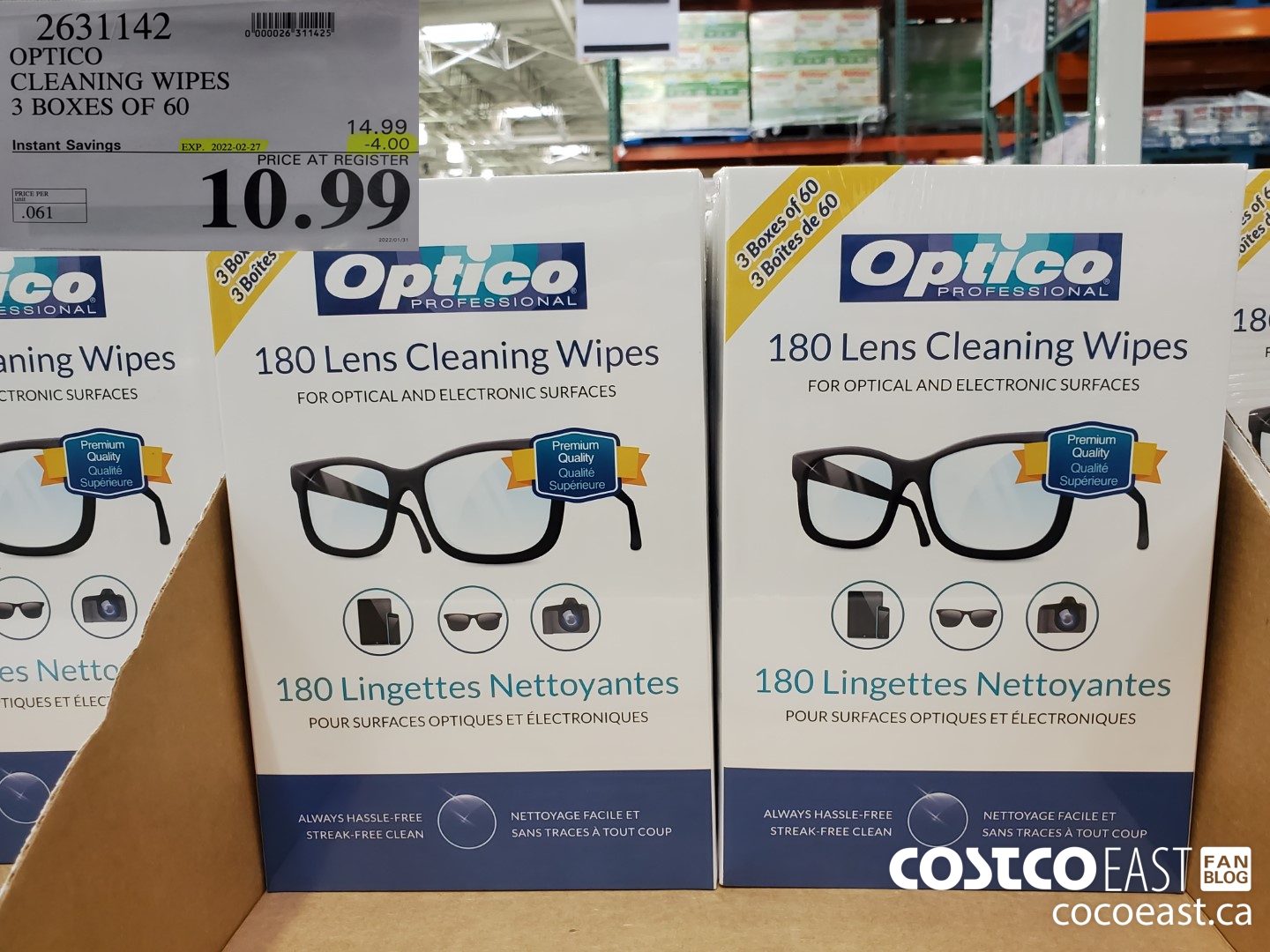 2631142 OPTICO CLEANING WIPES 3 BOXES OF 60 ($4.00 INSTANT SAVINGS EXPIRES ON 2022-02-27) $10.99