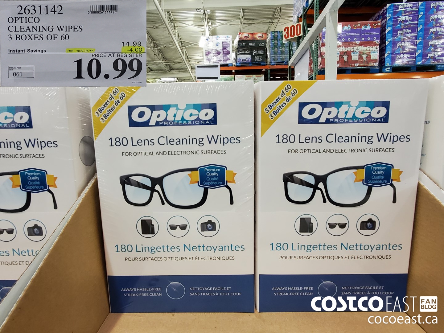 2631142 OPTICO CLEANING WIPES 3 BOXES OF 60 ($4.00 INSTANT SAVINGS EXPIRES ON 2022-02-27) $10.99