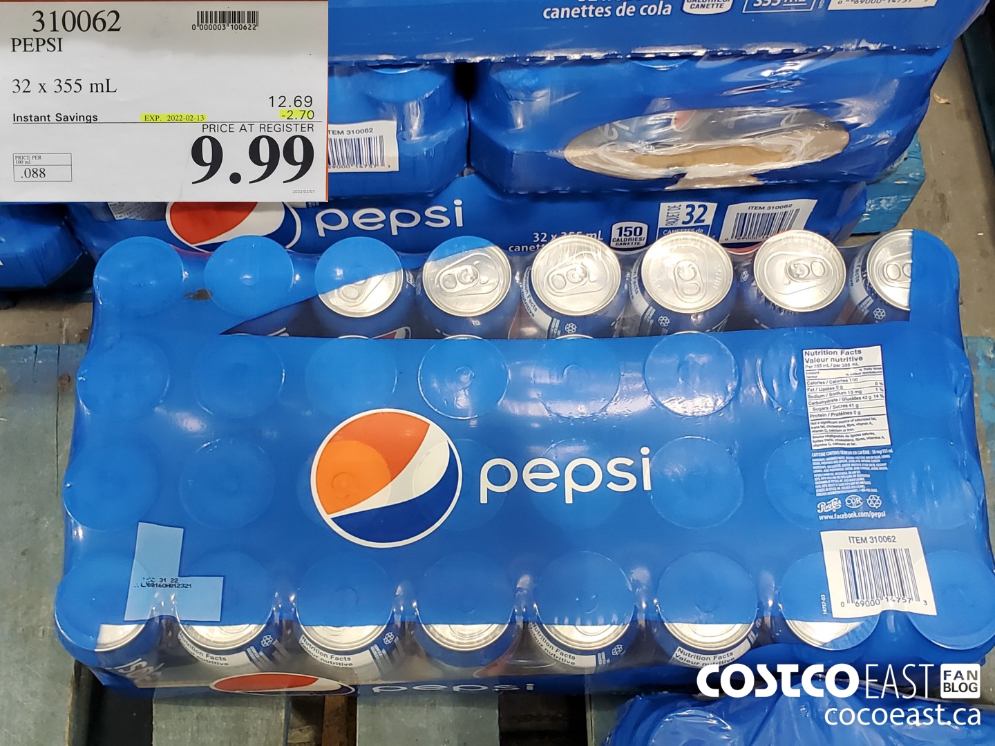 310062 PEPSI 32 X 355 ML ($2.70 INSTANT SAVINGS EXPIRES ON 2022-02-13) $9.99