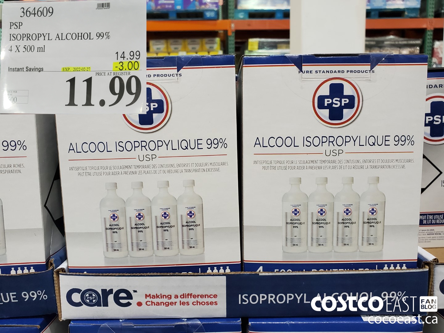 364609 PSP ISOPROPYL ALCOHOL 99% 4 X 500 ML ($3.00 INSTANT SAVINGS EXPIRES ON 2022-02-27) $11.99