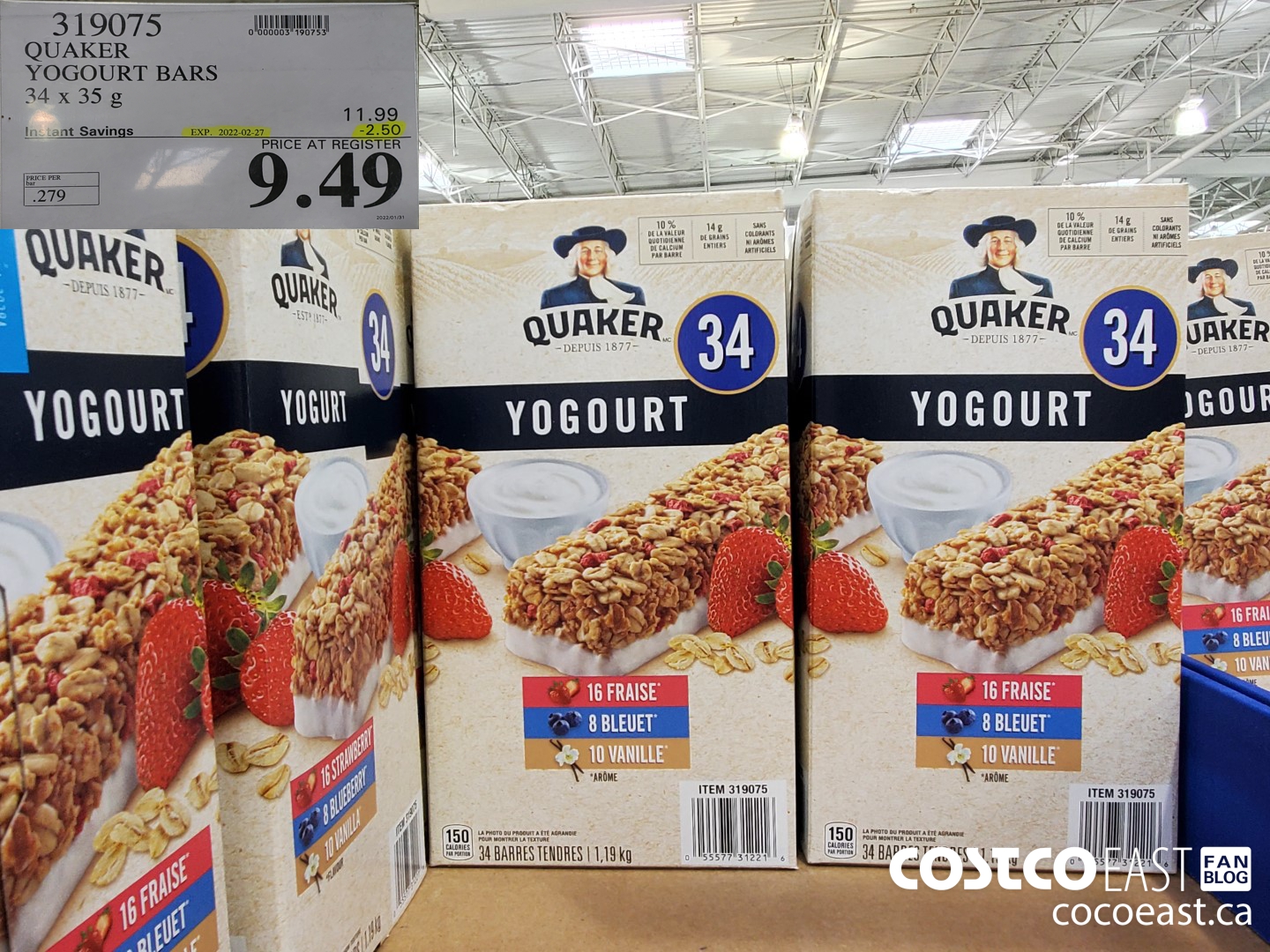 319075 QUAKER YOGOURT BARS 34 x 35G ($2.50 INSTANT SAVINGS EXPIRES ON 2022-02-27) $9.49