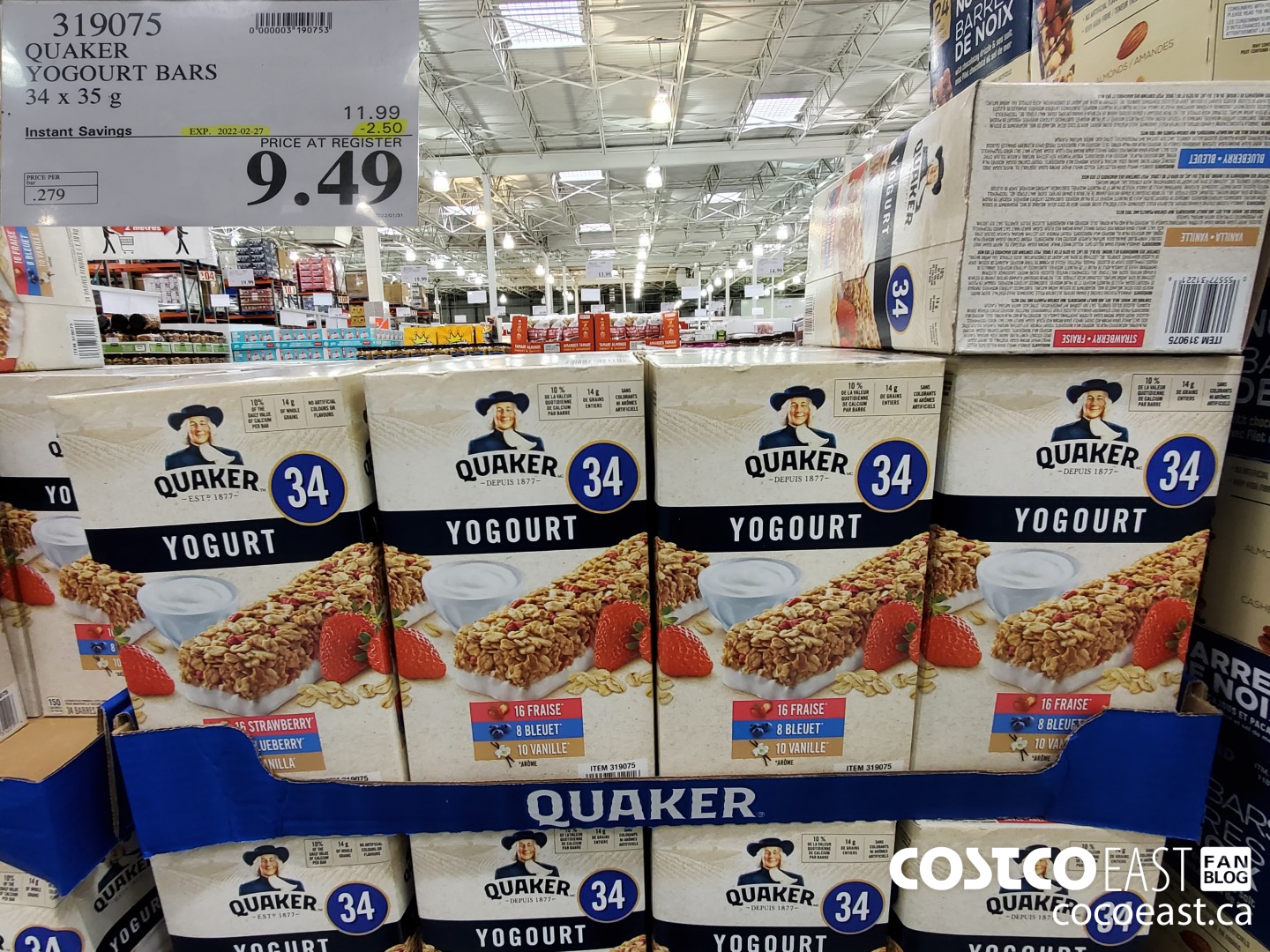 319075 QUAKER YOGOURT BARS 34 x 35G ($2.50 INSTANT SAVINGS EXPIRES ON 2022-02-27) $9.49