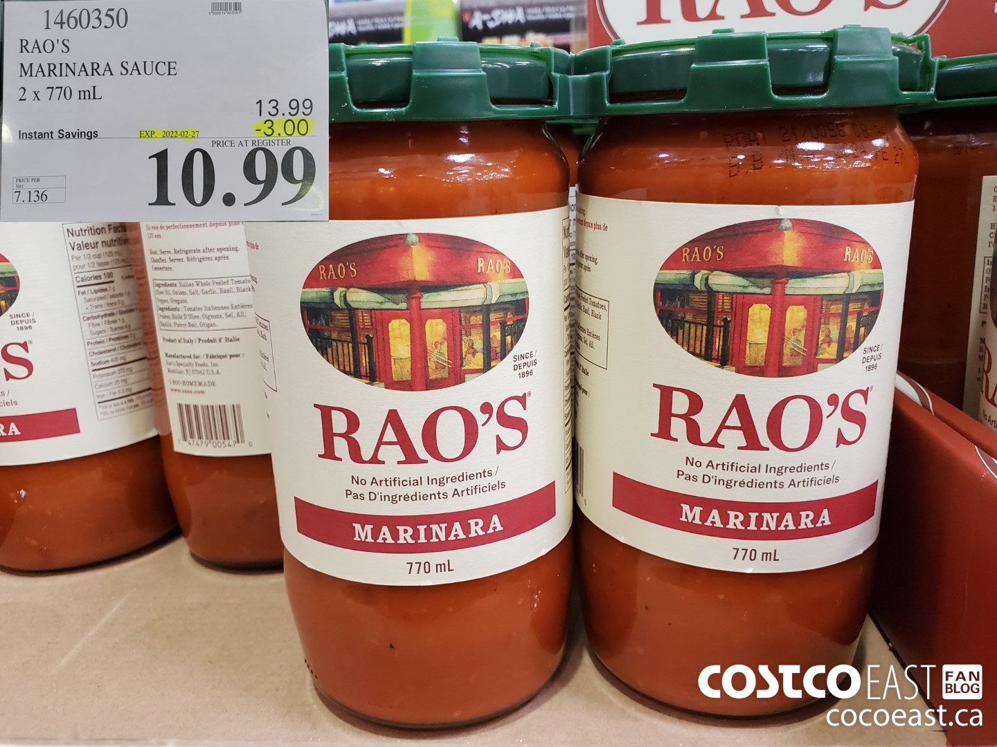 1460350 RAO'S MARINARA SAUCE 2 x 770 mL ($3.00 INSTANT SAVINGS EXPIRES ON 2022-02-27) $10.99