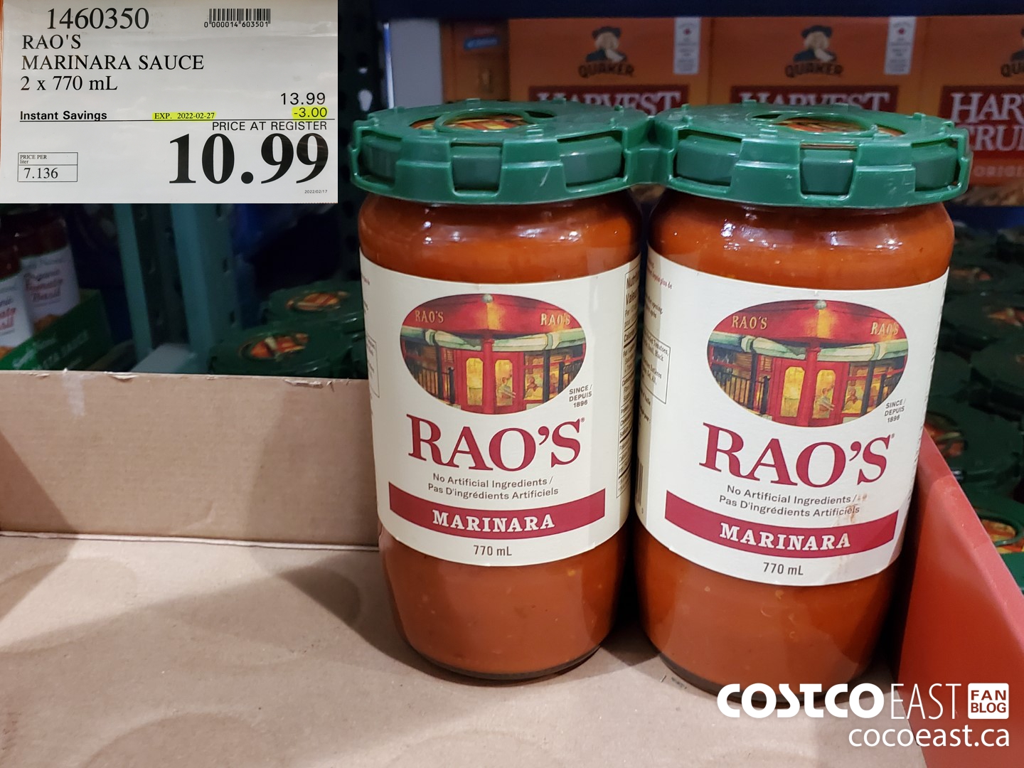 1460350 RAO'S MARINARA SAUCE 2 x 770 mL ($3.00 INSTANT SAVINGS EXPIRES ON 2022-02-27) $10.99