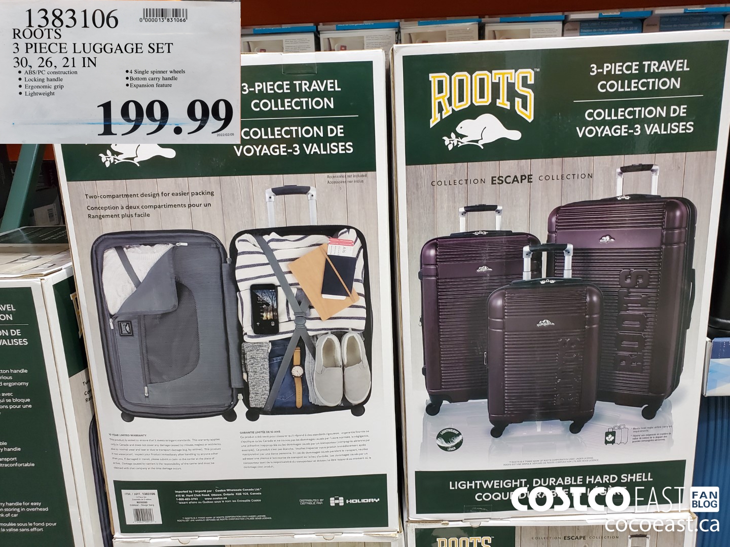 1383106 ROOTS 3 PIECE LUGGAGE SET 30, 26, 21 IN $199.99