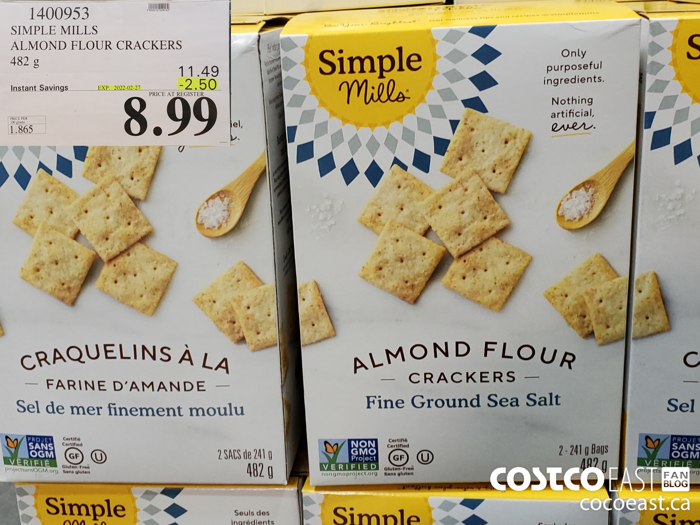 1400953 SIMPLE MILLS ALMOND FLOUR CRACKERS 482 G ($2.50 INSTANT SAVINGS EXPIRES ON 2022-02-27) $8.99