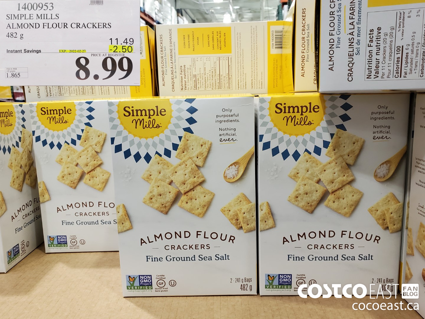 1400953 SIMPLE MILLS ALMOND FLOUR CRACKERS 482 G ($2.50 INSTANT SAVINGS EXPIRES ON 2022-02-27) $8.99
