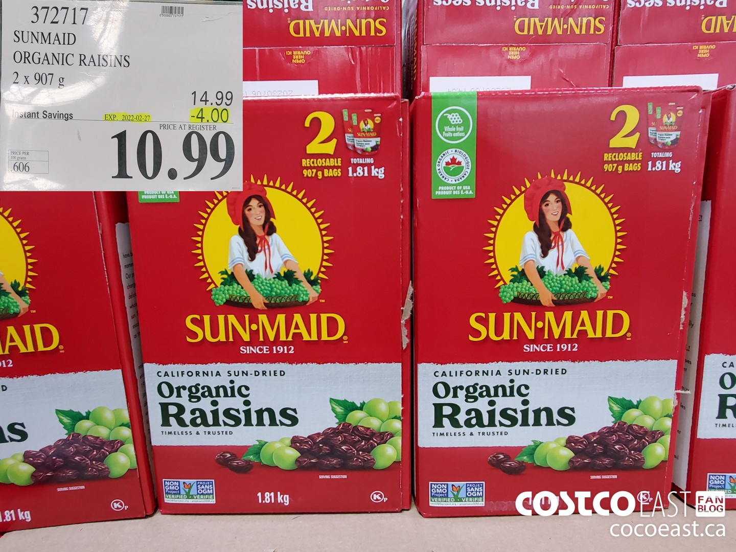 372717 SUNMAID ORGANIC RAISINS 2 x 907 g ($4.00 INSTANT SAVINGS EXPIRES ON 2022-02-27) $10.99