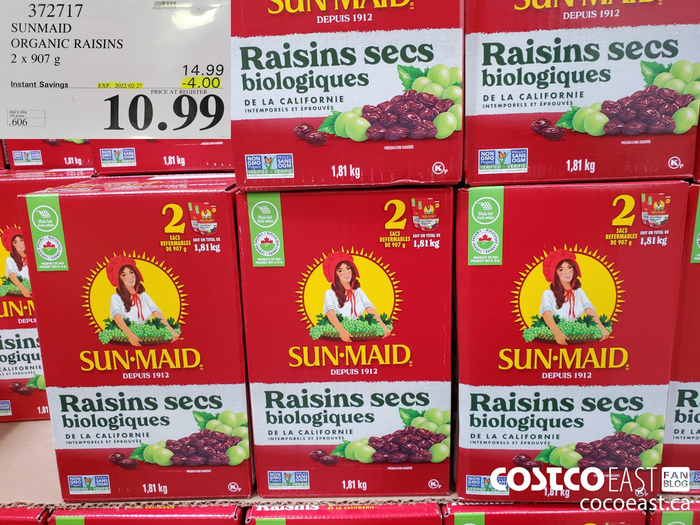 372717 SUNMAID ORGANIC RAISINS 2 x 907 g ($4.00 INSTANT SAVINGS EXPIRES ON 2022-02-27) $10.99