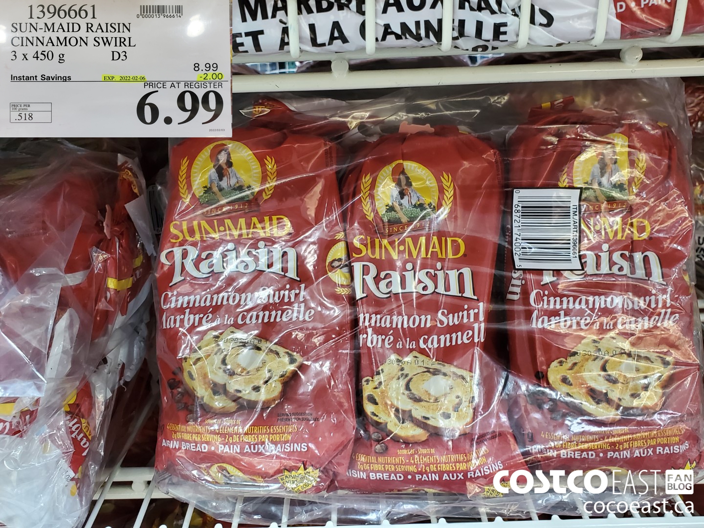 1396661 SUN-MAID RAISIN CINNAMON SWIRL 3 x 450 g ($2.00 INSTANT SAVINGS EXPIRES ON 2022-02-06) $6.99