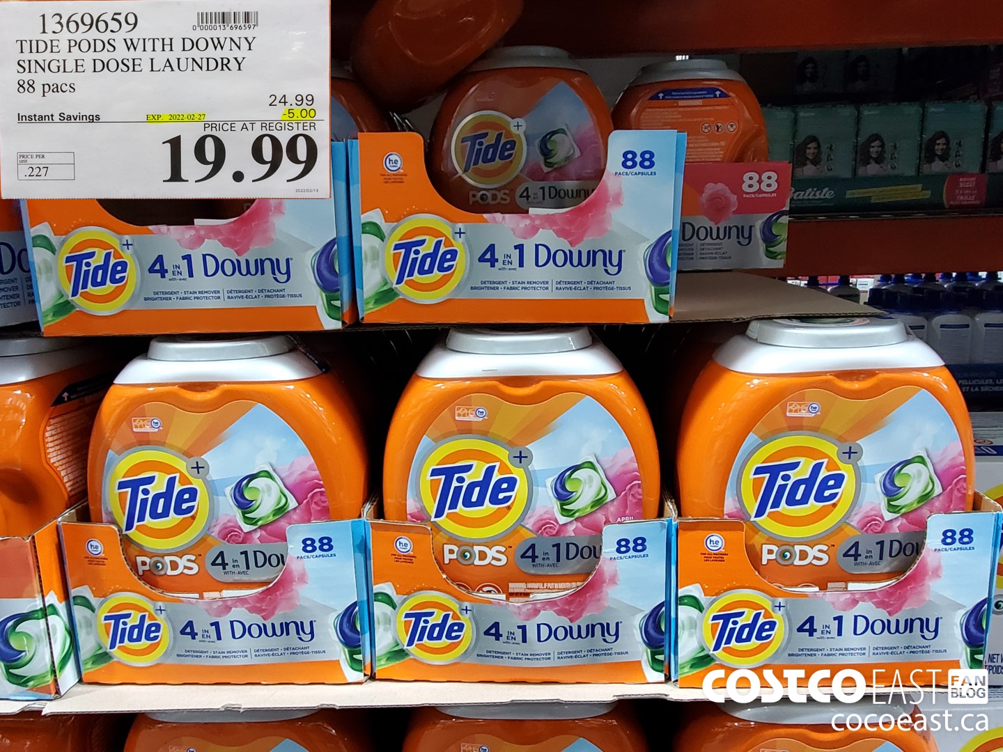 1369659 TIDE PODS WITH DOWNY SINGLE DOSE LAUNDRY 88 pacs ($5.00 INSTANT SAVINGS EXPIRES ON 2022-02-27) $19.99