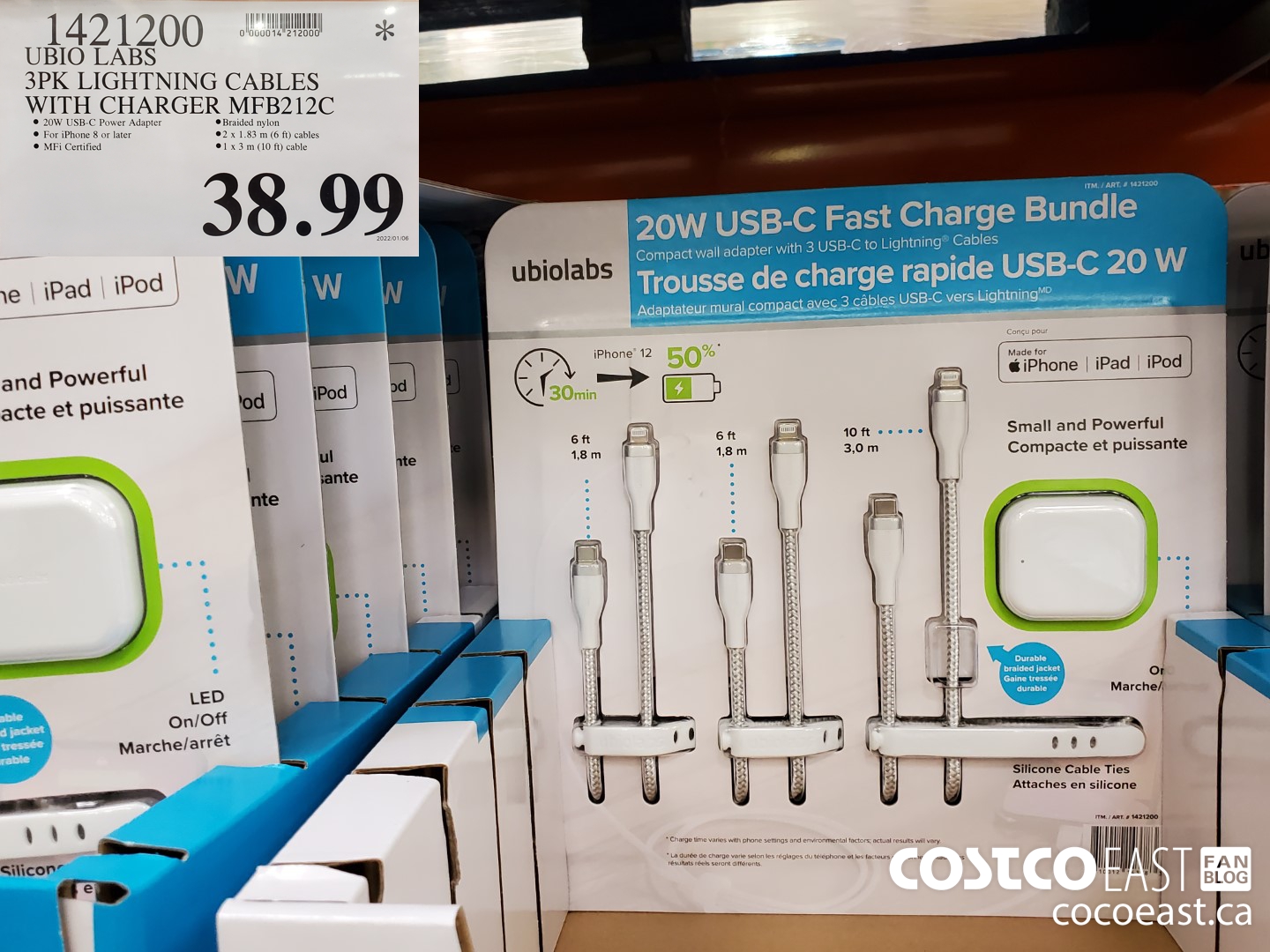 1421200 UBIO LABS 3PK LIGHTNING CABLES WITH CHARGER MEFB212C $38.99