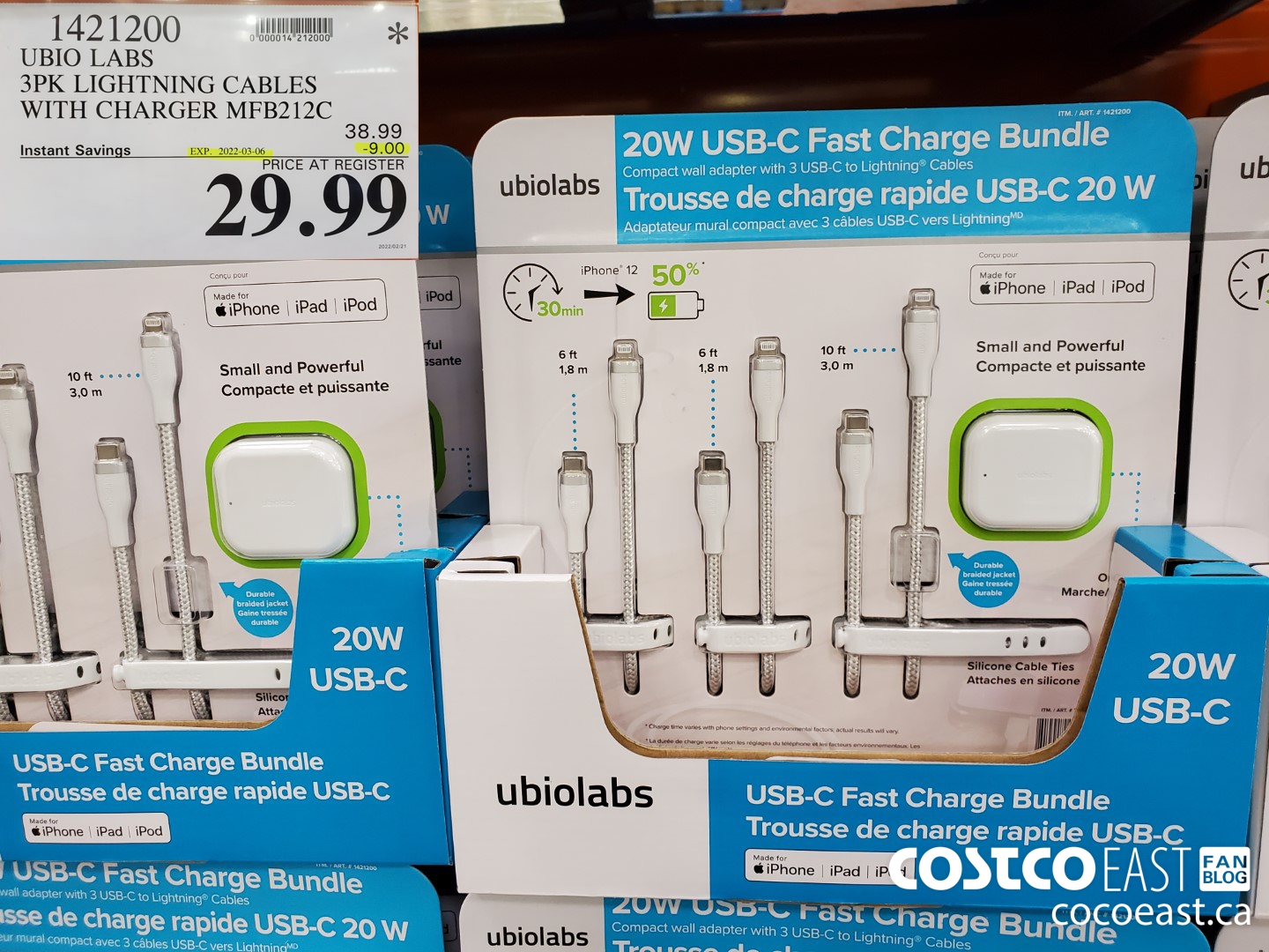 1421200 UBIO LABS 3PK LIGHTNING CABLES WITH CHARGER MEFB212C ($9.00 INSTANT SAVINGS EXPIRES ON 2022-03-06) $29.99