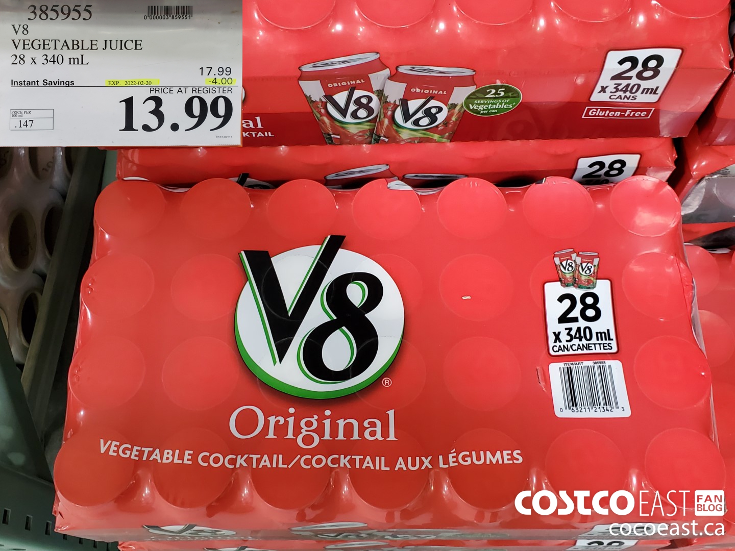 385955 V8 VEGETABLE JUICE 28 x 340 mL ($4.00 INSTANT SAVINGS EXPIRES ON 2022-02-20) $13.99