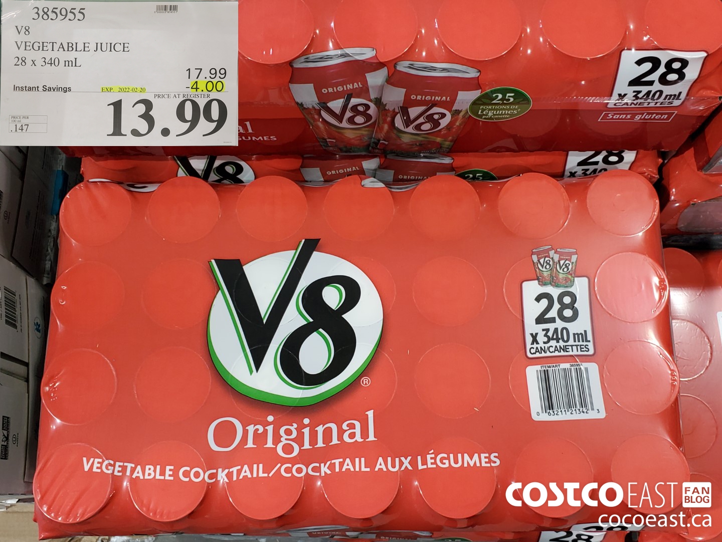 385955 V8 VEGETABLE JUICE 28 x 340 mL ($4.00 INSTANT SAVINGS EXPIRES ON 2022-02-20) $13.99