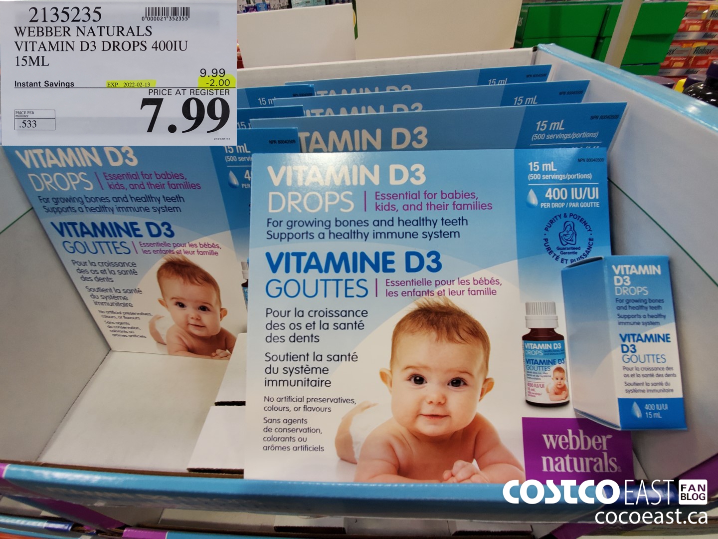 2135235 WEBBER NATURALS VITAMIN D3 DROPS 400IU 15ML ($2.00 INSTANT SAVINGS EXPIRES ON 2022-02-13) $7.99