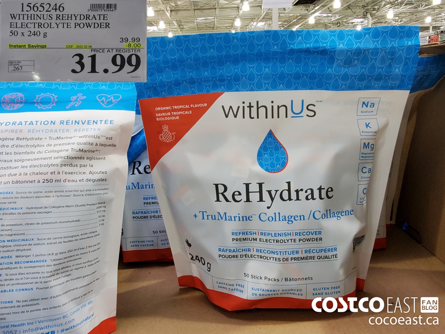 1565246 WITHINUS REHYDRATE ELECROLYTE POWDER 50 x 240 g ($8.00 INSTANT SAVINGS EXPIRES ON 2022-02-06) $31.99